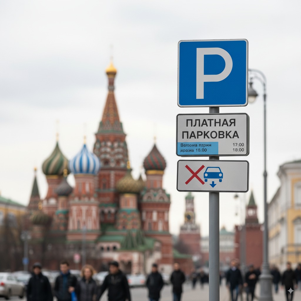 Знак платной парковки на улице в центре Москвы